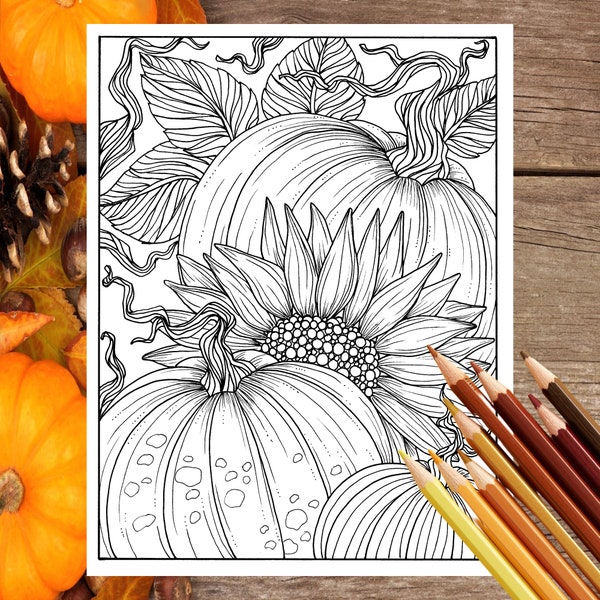 Pumpkins and Sunflower Digital Coloring Page Fall, Adult coloring, digi stamp, thanksgiving