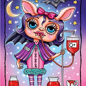 May include: A colorful illustration featuring a cartoon bat-like character with large blue eyes, wearing a pink dress and purple cape. The image includes the text "TINY TERRORS" and "By Deborah Muller". A blood bag and other spooky elements are also present.