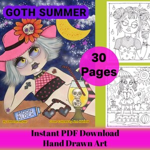Może przedstawiać: Cyfrowy plik do pobrania kolorowanki zatytułowanej "Goth Summer" z kresk&oacute;wkową ilustracją kobiety w r&oacute;żowym kapeluszu i bikini, z napojem i okularami przeciwsłonecznymi. Książka zawiera 30 stron ręcznie rysowanej grafiki z tekstem "Instant PDF Download".