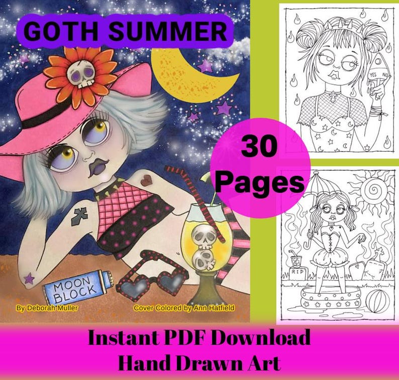 Może przedstawiać: Cyfrowy plik do pobrania kolorowanki zatytułowanej "Goth Summer" z kresk&oacute;wkową ilustracją kobiety w r&oacute;żowym kapeluszu i bikini, z napojem i okularami przeciwsłonecznymi. Książka zawiera 30 stron ręcznie rysowanej grafiki z tekstem "Instant PDF Download".