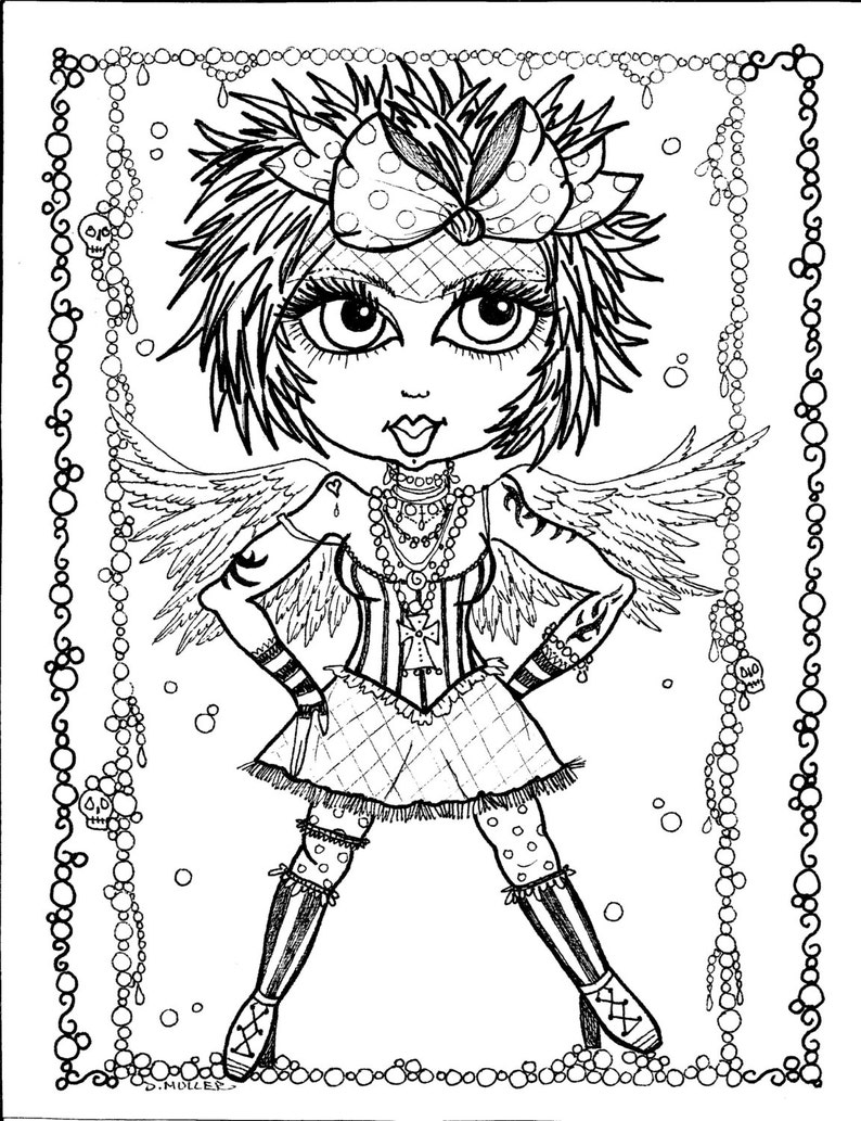 5 pages Instant Download 5 Coloring pages Gothic Angels Color book Art Digital/digi stamp/goth/digital coloring image 5