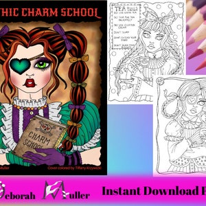May include: A black and white coloring page featuring a girl with a heart-shaped eye patch, pigtails, and a book that says "Charm School". The text "Gothic Charm School" is at the top of the page. The text "Instant Download PDF" is at the bottom of the page.