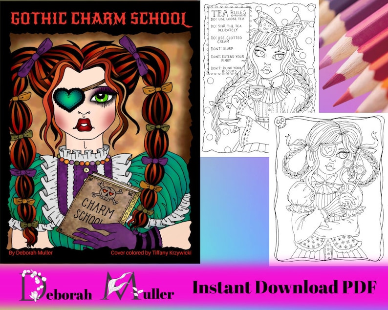 May include: A black and white coloring page featuring a girl with a heart-shaped eye patch, pigtails, and a book that says "Charm School". The text "Gothic Charm School" is at the top of the page. The text "Instant Download PDF" is at the bottom of the page.