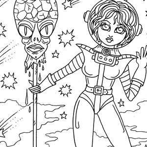 Space Girls and Aliens Digital Coloring book. Fun times in space. Out of this world space girls and aliens. image 2