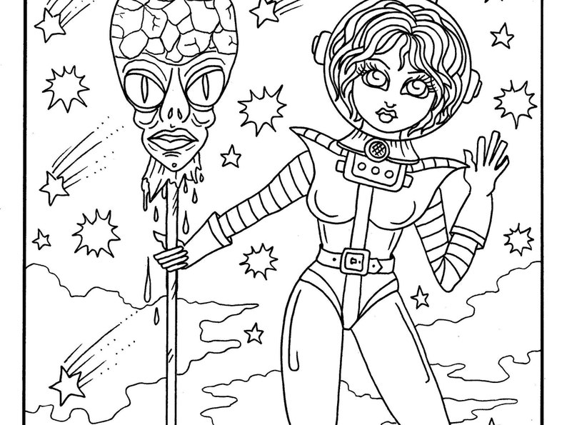 Space Girls and Aliens Digital Coloring book. Fun times in space. Out of this world space girls and aliens. image 2