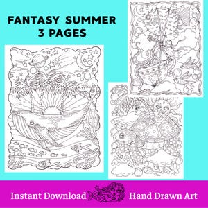May include: Black and white line art coloring pages with a fantasy summer theme. The pages feature illustrations of whales, palm trees, sea creatures, and celestial elements. Text includes "Fantasy Summer 3 Pages", "Instant Download", and "Hand Drawn Art".