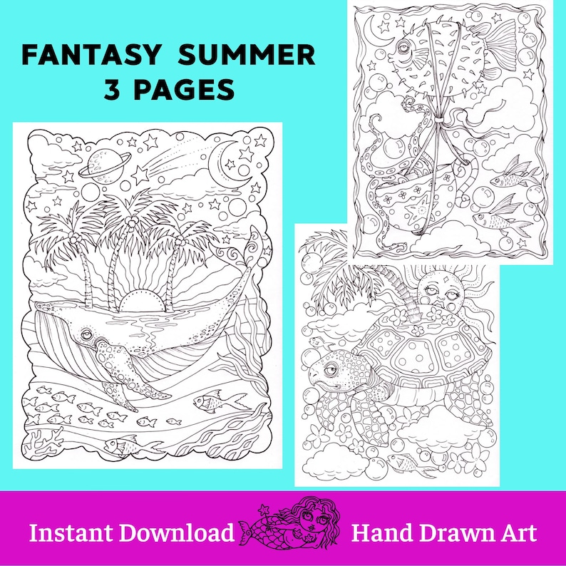 May include: Black and white line art coloring pages with a fantasy summer theme. The pages feature illustrations of whales, palm trees, sea creatures, and celestial elements. Text includes "Fantasy Summer 3 Pages", "Instant Download", and "Hand Drawn Art".