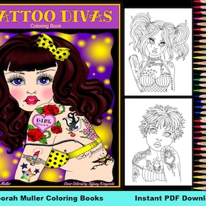 Tattoo Divas Coloring Book. Instant download, PDF. Funny and cute tattooed women to color.