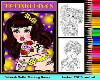 Libro para colorear de divas del tatuaje. Descarga instantánea, PDF. Divertidas y tiernas mujeres tatuadas para colorear.