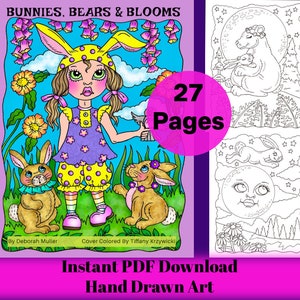 Bunnies, Bears and Blooms PDF Coloring book. Fun and whimsical coloring. Hand drawn. 27 whimsical pages image 1