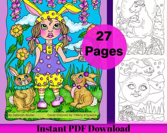 Bunnies, Bears and Blooms PDF Coloring book. Fun and whimsical coloring. Hand drawn. 27 whimsical pages