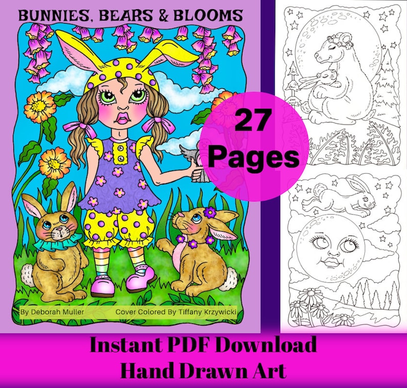 Bunnies, Bears and Blooms PDF Coloring book. Fun and whimsical coloring. Hand drawn. 27 whimsical pages image 1