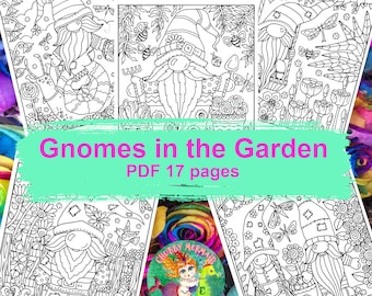 GNOMES in the GARDEN PDF pages to color. 17 pages of gnomes, flowers, birds and fun!