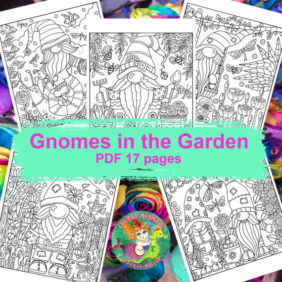 GNOMES in the GARDEN PDF Pages to Color. 17 Pages of Gnomes