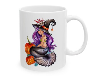 Cute Witch Mermaid Mug. Halloween Pumpkin Ceramic Coffee Cup