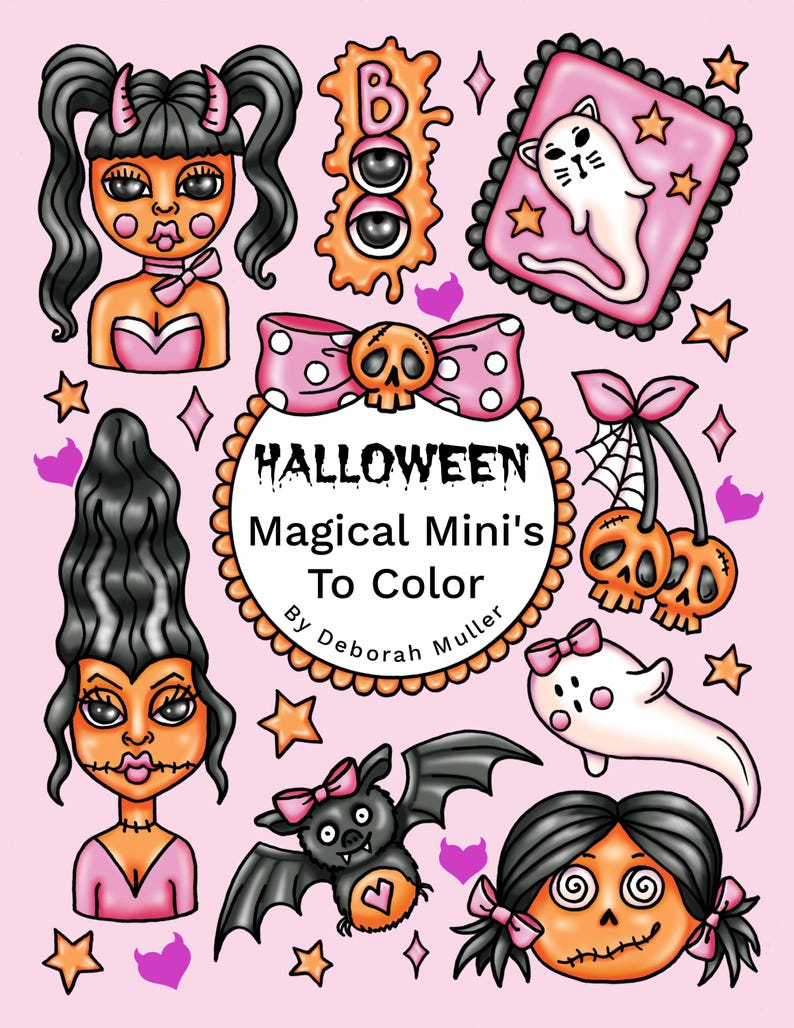 May include: A pink illustration featuring Halloween-themed characters and elements. The design includes cartoonish figures of girls, ghosts, bats, and skulls, along with the text "Halloween Magical Mini's To Color" by Deborah Muller. Stars and hearts are scattered throughout.