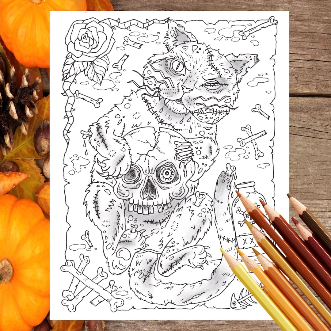Zombie Cat PDF Digital Coloring Page. Halloween Coloring Fun! Fall ...
