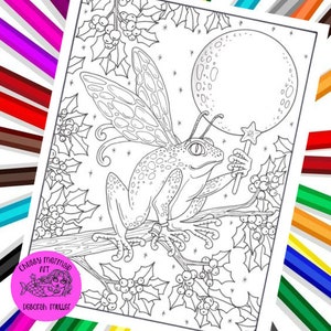 May include: Black and white line art illustration of a frog with fairy wings, holding a star wand, and sitting on a branch. A large moon is in the background. The image is surrounded by holly and berries. The image includes the text "Chubby Mermaid Art Deborah Muller".