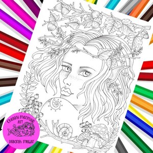 May include: A black and white line art coloring page featuring a woman with long hair and a crown of leaves. She has a delicate, whimsical look. The image also includes mushrooms, acorns, and a snail.