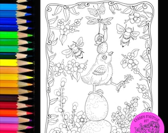 Spring Chick Totem Coloring Page. Instant download. Easter Coloring page.