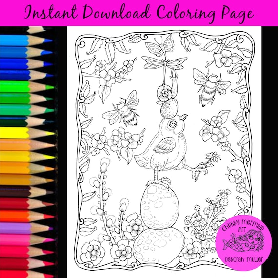 Spring Chick Totem Coloring Page. Instant download. Easter