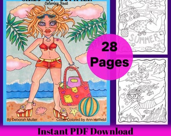 GIRLS OF SUMMER pdf Coloring book. Fun and whimsical coloring. Hand drawn. 28 unique and original pages!