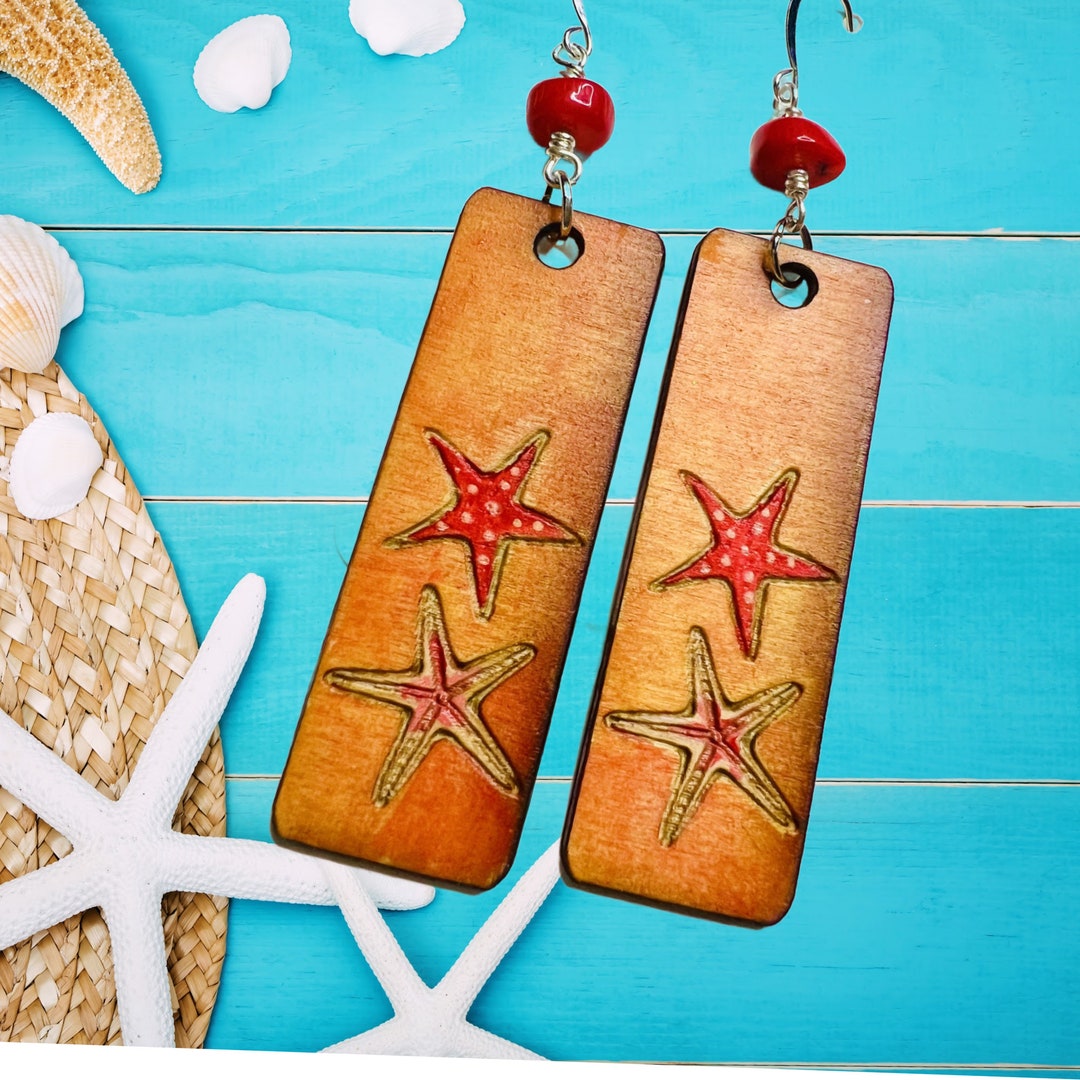 Starfish Earrings Made of Birchwood. Lightweight, Drop Earrings