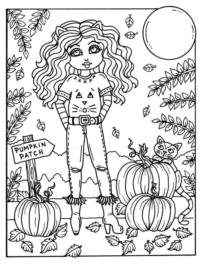 7 PAGES FALL Girls Digital Coloring pages digi, color page, instant download, printable, color book, halloween image 2