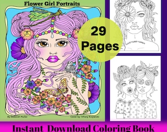 BLOOM Instant download coloring book. 31 pages of fun flower girl portraits.