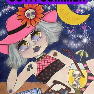 Może przedstawiać: Ilustracja zatytułowana "Goth Summer" przedstawiająca postać z kresk&oacute;wki o bladej sk&oacute;rze, w r&oacute;żowym kapeluszu z kwiatem czaszki i r&oacute;żowym i czarnym bikini. Obraz zawiera koktajl z kostkami lodu w kształcie czaszki, okularami przeciwsłonecznymi w kształcie serca i tekstem "Moon Block".