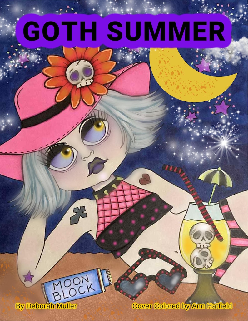 Może przedstawiać: Ilustracja zatytułowana "Goth Summer" przedstawiająca postać z kresk&oacute;wki o bladej sk&oacute;rze, w r&oacute;żowym kapeluszu z kwiatem czaszki i r&oacute;żowym i czarnym bikini. Obraz zawiera koktajl z kostkami lodu w kształcie czaszki, okularami przeciwsłonecznymi w kształcie serca i tekstem "Moon Block".