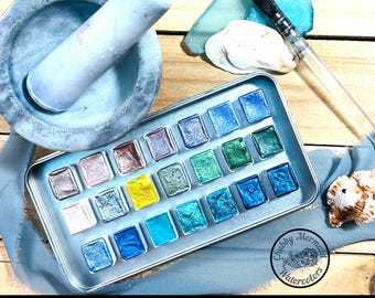 HALF PAN SHIMMERS Deluxe Set of 21 half pans, removable. Handmade, professional watercolors made by an artist.