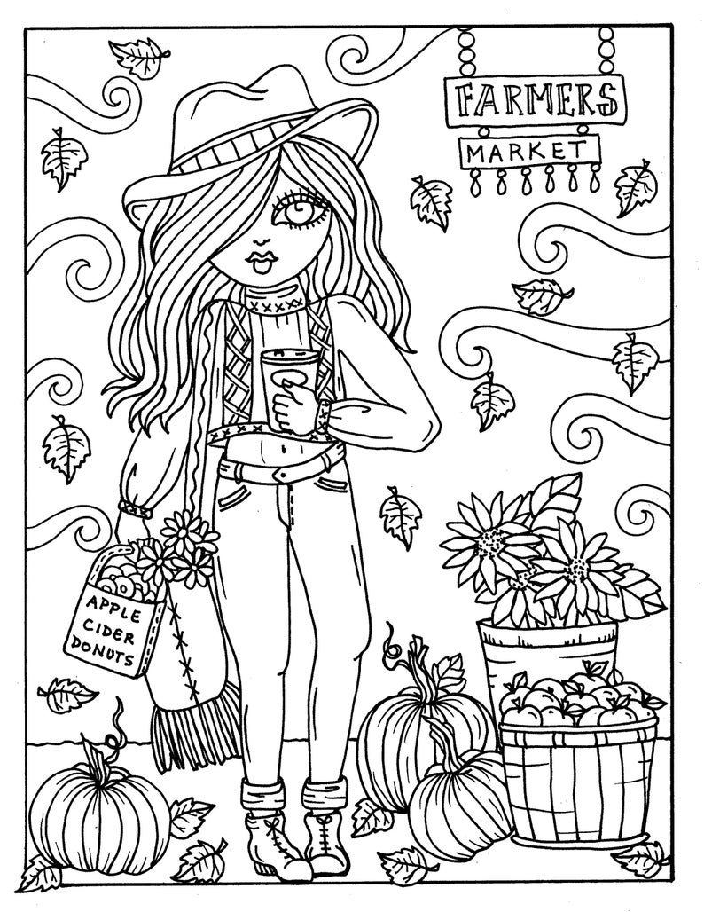 7 PAGES FALL Girls Digital Coloring pages digi, color page, instant download, printable, color book, halloween image 7