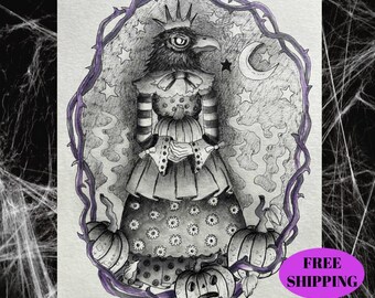 ORIGINAL WATERCOLOR art. Fantasy art,  Raven art, Halloween