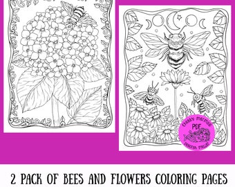 Busy little BEES PDF pages to color. Instant download, flowers and bees. Coloring fun for all ages.
