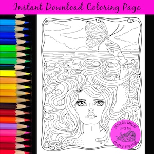 Serenity mermaid coloring page. Adult coloring, mermay, mermaids, butterflies, coloring pages.
