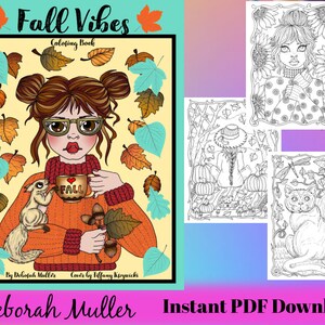 May include: A colouring book cover featuring a girl with glasses holding a mug that says "Fall" and a squirrel. The book is titled "Fall Vibes Coloring Book" and has an autumn theme with leaves and acorns.