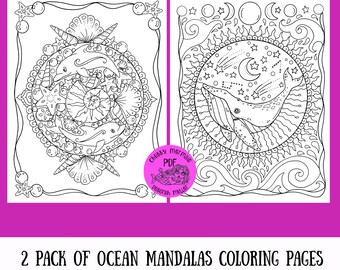 Ocean Mandalas 2 pages to color. Print and color these 2 Mandalas inspired by the sea. Dolphins and Whale summer art.  Adult coloring