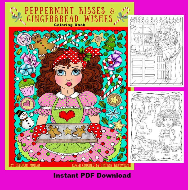 May include: A coloring book cover featuring a girl with red hair and a red and white headband baking gingerbread cookies. The cover is titled "Peppermint Kisses & Gingerbread Wishes Coloring Book" and includes the text "By Deborah Muller" and "Cover Colored by Tiffany Krzywicki".