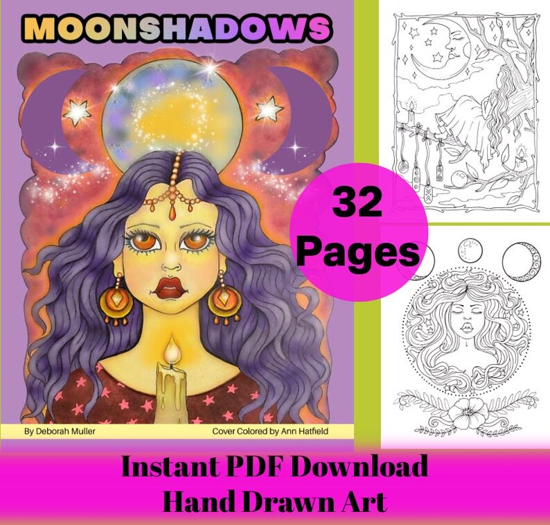 Pu&ograve; includere: Un libro da colorare scaricabile digitalmente intitolato "Moonshadows" con 32 pagine. La copertina presenta una donna con i capelli viola, che tiene una candela, con uno sfondo celeste. &Egrave; visibile anche il testo "Instant PDF Download Hand Drawn Art".
