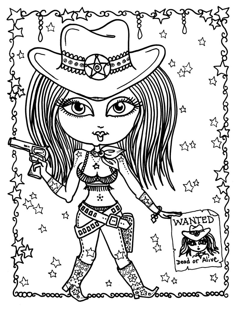 5 Cowgirl Digital Download Coloring pages, Digi Stamps, western girls, cardmaking, stamping, from Cowgirls and Indians Coloring Book image 2