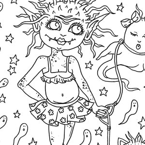 May include: A black and white line drawing of a cartoon monster girl wearing a swimsuit and holding a leash attached to a ghost. The background is filled with stars and ghosts.