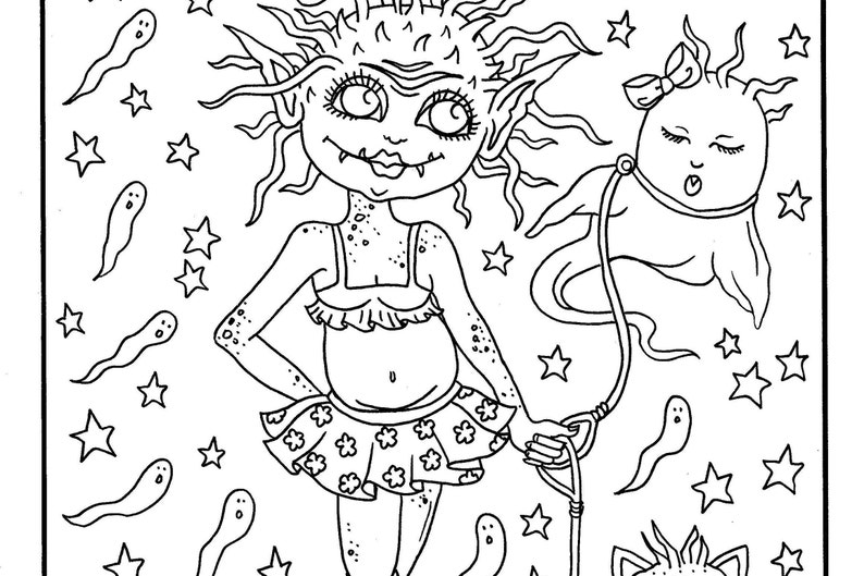 May include: A black and white line drawing of a cartoon monster girl wearing a swimsuit and holding a leash attached to a ghost. The background is filled with stars and ghosts.