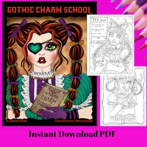 May include: A coloring book cover featuring a gothic girl with red hair, an eyepatch, and a book that says "Charm School". The girl is wearing a green and purple dress with a white collar and lace. The background is a pink and purple gradient.