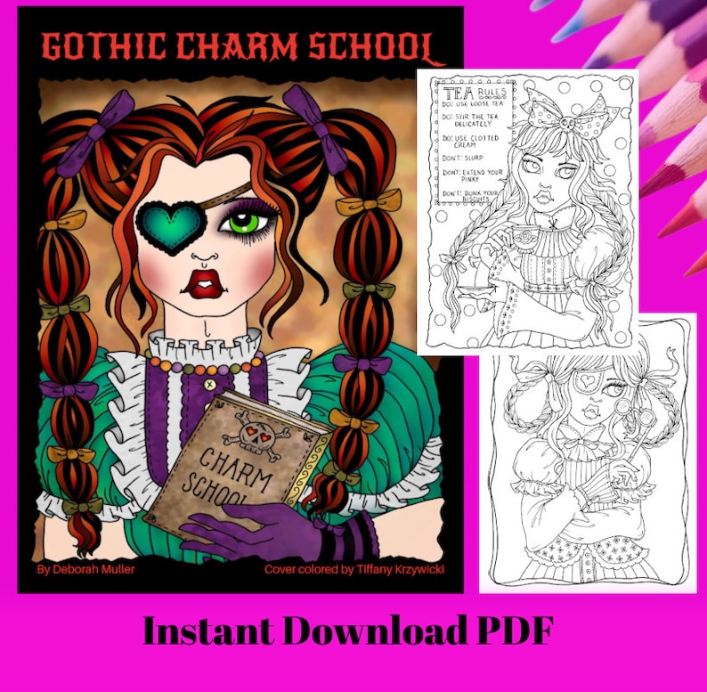 May include: A coloring book cover featuring a gothic girl with red hair, an eyepatch, and a book that says "Charm School". The girl is wearing a green and purple dress with a white collar and lace. The background is a pink and purple gradient.