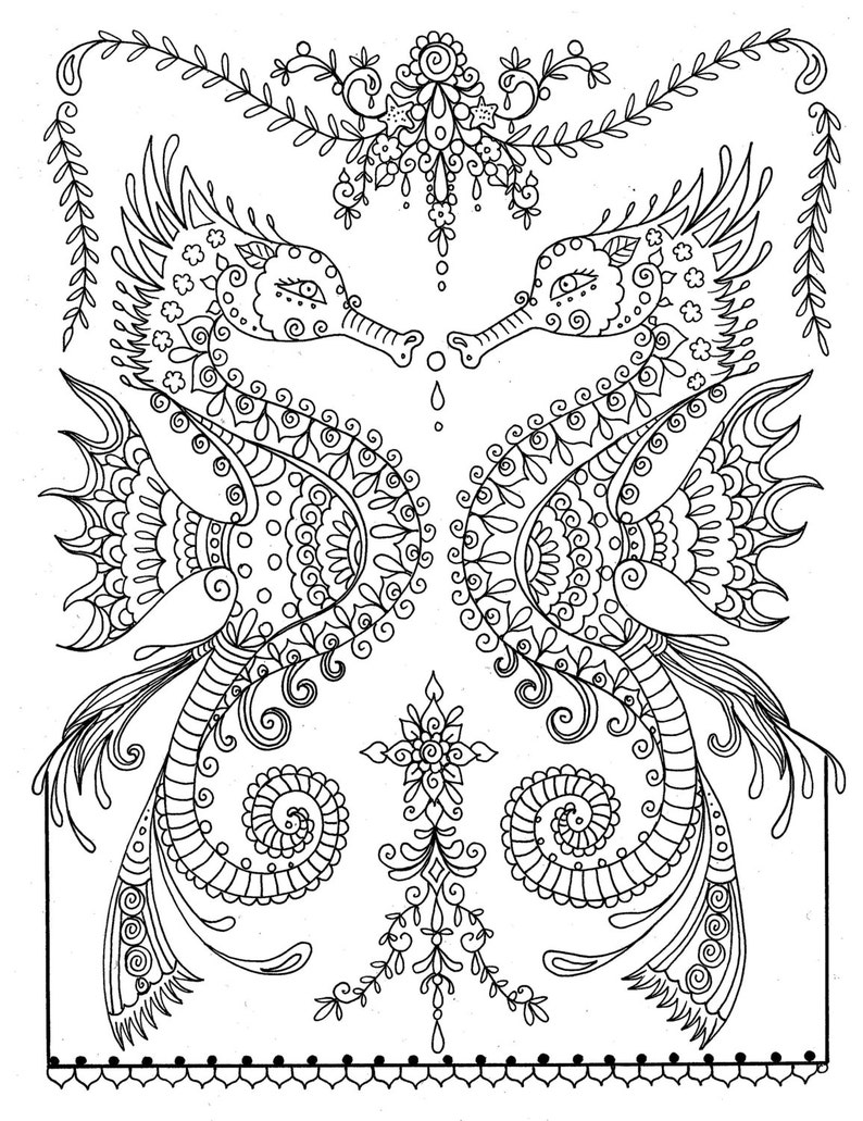 Printable Sea Horse Coloring Page Instant Download Adult Coloring Page Fantasy Art image 1