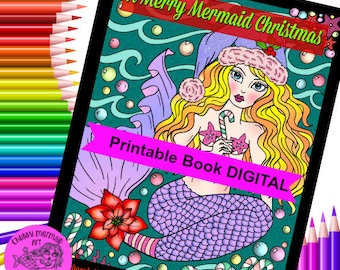 Un libro para colorear digital de Feliz Navidad de sirena. imprimible, PDF, sellos digitales, colorante para adultos