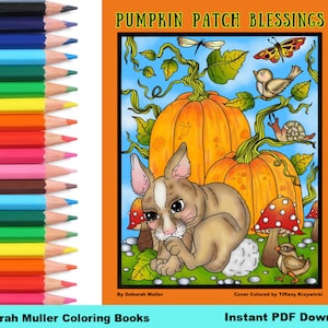 May include: A printable colouring page featuring a cute bunny rabbit sitting near two large pumpkins and a mushroom. The title of the colouring page is "Pumpkin Patch Blessings".