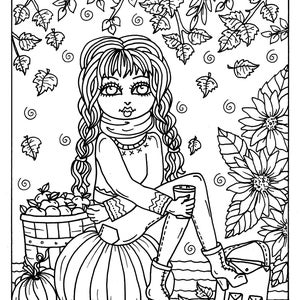 7 PAGES FALL Girls Digital Coloring pages digi, color page, instant download, printable, color book, halloween image 5