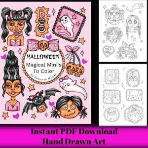May include: A pink Halloween-themed digital download featuring hand-drawn art. The image includes various spooky illustrations, such as ghosts, dolls, and pumpkins, along with the text "Halloween Magical Mini's To Color". Additional text reads "Instant PDF Download Hand Drawn Art".